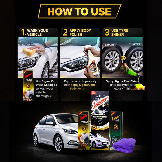 Sigma Gold Detailing Kit – Car & Bike Cleaning Kit with 500ml Polish, Tyre Shiner, Shampoo & Microfiber Cloth (Complete Vehicle Care Combo) Sigma Care