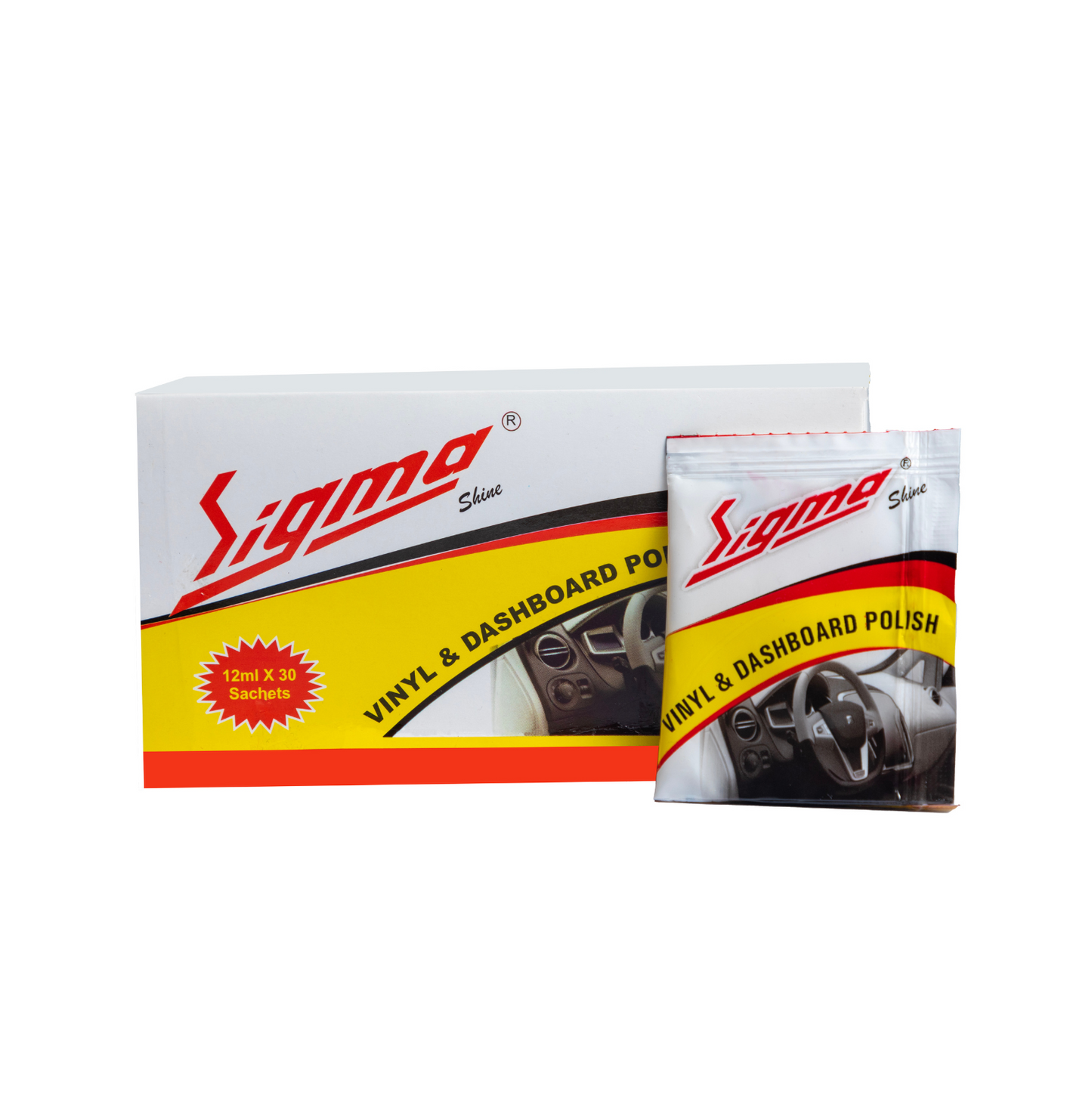 Sigma Cares Vinyl & Dashboard Polish (12 ml - 30 pcs) | Compact, high-gloss polish to keep dashboards shiny and dust-free. Quick-application pouch, Anti-static, Enhances dashboard life, Ideal for retail/car wash