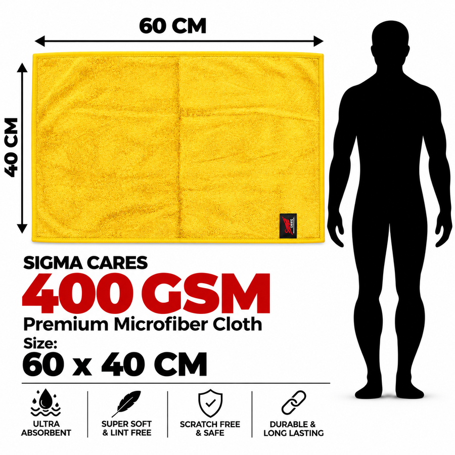 Sigma Cares 400 GSM Microfiber Car Cleaning Cloth – 60×40 CM Extra Large Soft Microfiber Towel with Suede Edging for Car & Bike Detailing – Pack of 2, Yellow