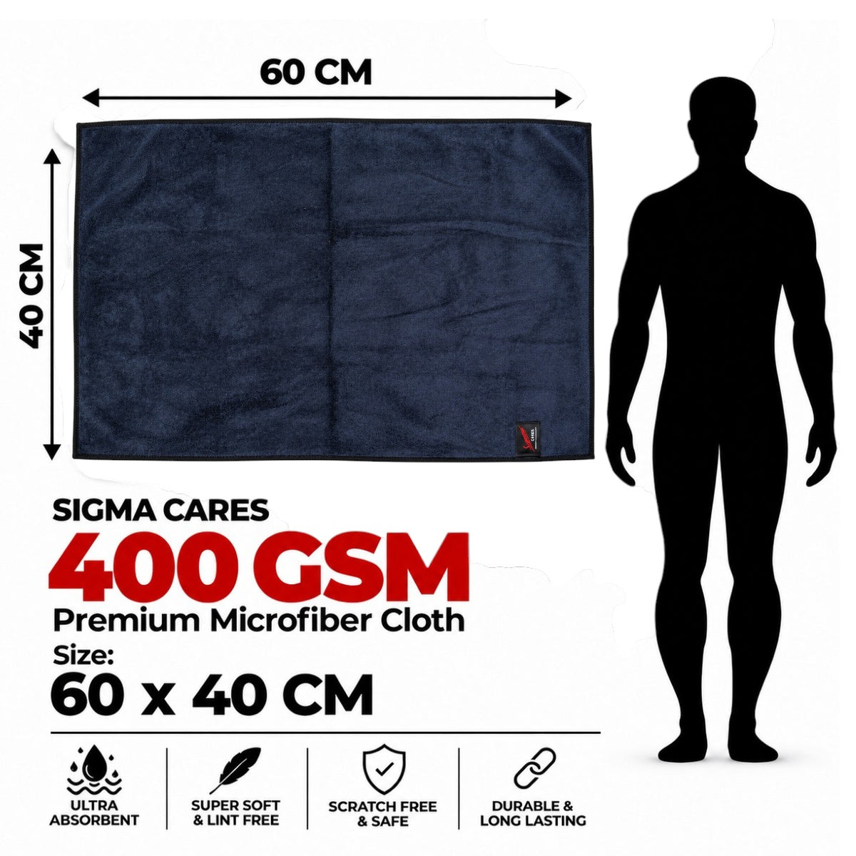 Sigma Cares 400 GSM Microfiber Car Cleaning Cloth – 60×40 CM Extra Large Soft Microfiber Towel with Suede Edging for Car & Bike Detailing – Pack of 2, Grey Sigma Care