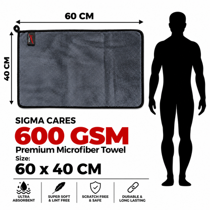 Sigma Cares Microfiber Car Cleaning Cloth - OG Soft 600 GSM Extra Large (60x40 CM) Microfiber Cloth for Car and Bike - Suede Edging for Scratchless Drying and Detailing (Pack of 2, Grey) Sigma Care