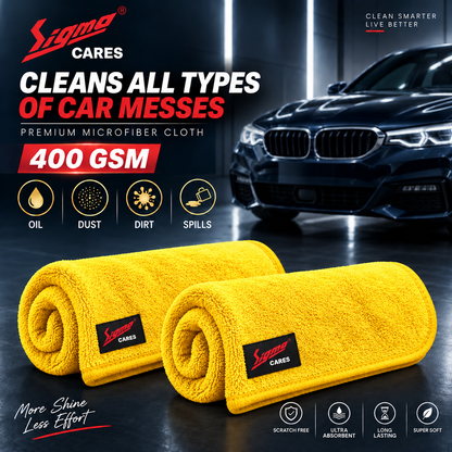 Sigma Cares 400 GSM Microfiber Car Cleaning Cloth – 60×40 CM Extra Large Soft Microfiber Towel with Suede Edging for Car & Bike Detailing – Pack of 2, Yellow Sigma Care
