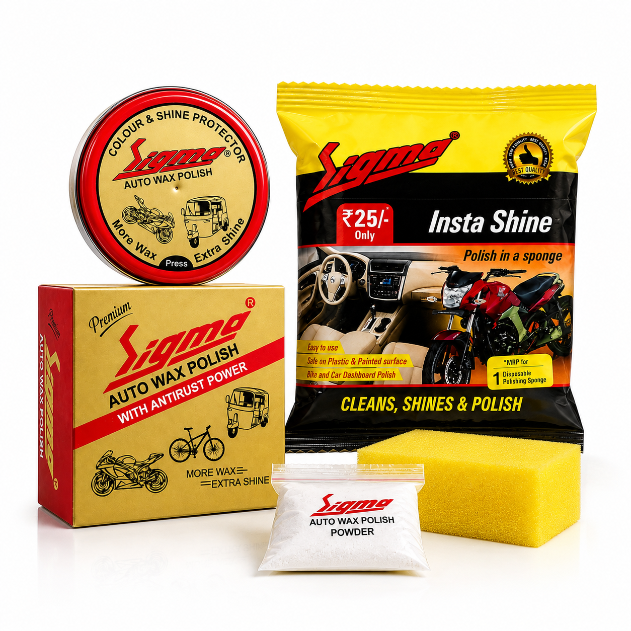 Sigma Auto Wax + Insta Shine Combo | Complete Bike & Car Polish Kit Sigma Care