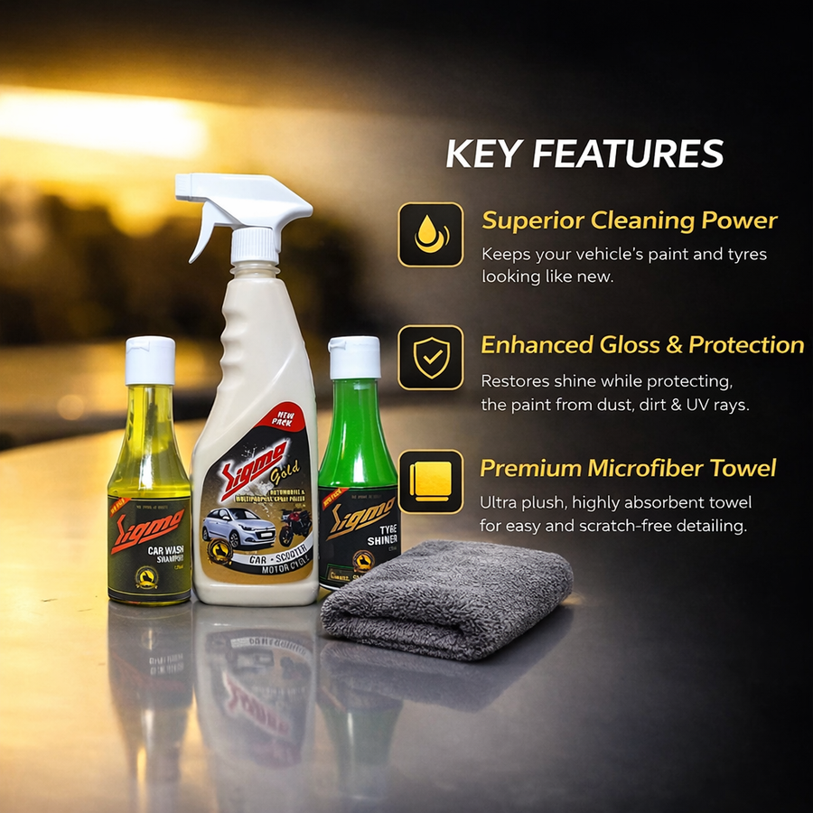 Sigma Gold Detailing Kit – Car & Bike Cleaning Kit with 500ml Polish, Tyre Shiner, Shampoo & Microfiber Cloth (Complete Vehicle Care Combo)