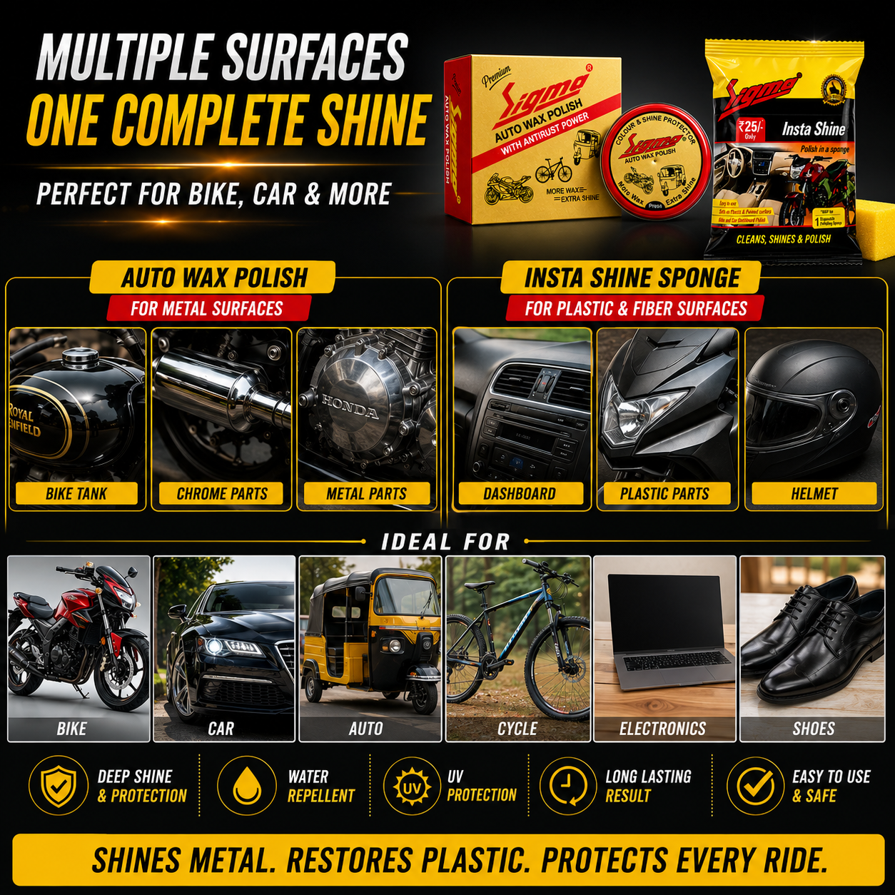 Sigma Auto Wax + Insta Shine Combo | Complete Bike & Car Polish Kit Sigma Care