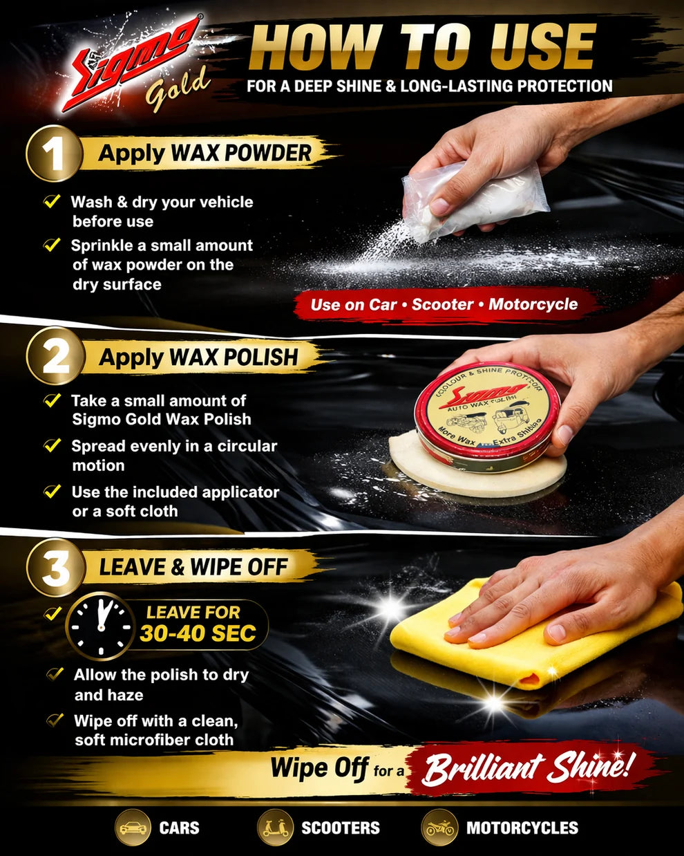Sigma Auto Wax + Insta Shine Combo | Complete Bike & Car Polish Kit Sigma Care