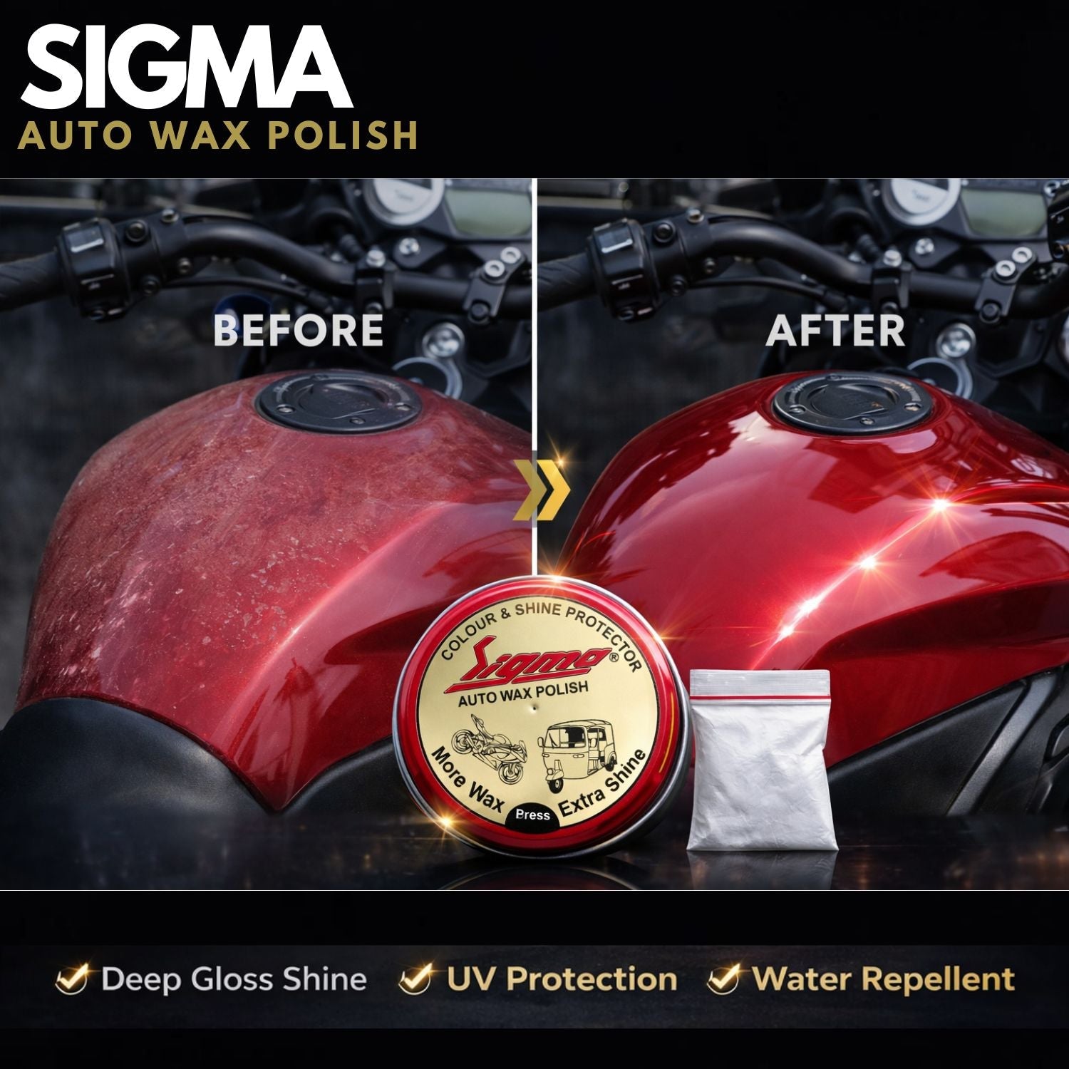Carnauba Auto Wax Polish 40g + Car Wash Shampoo 125ml | Car & Bike Care Combo Sigma Care