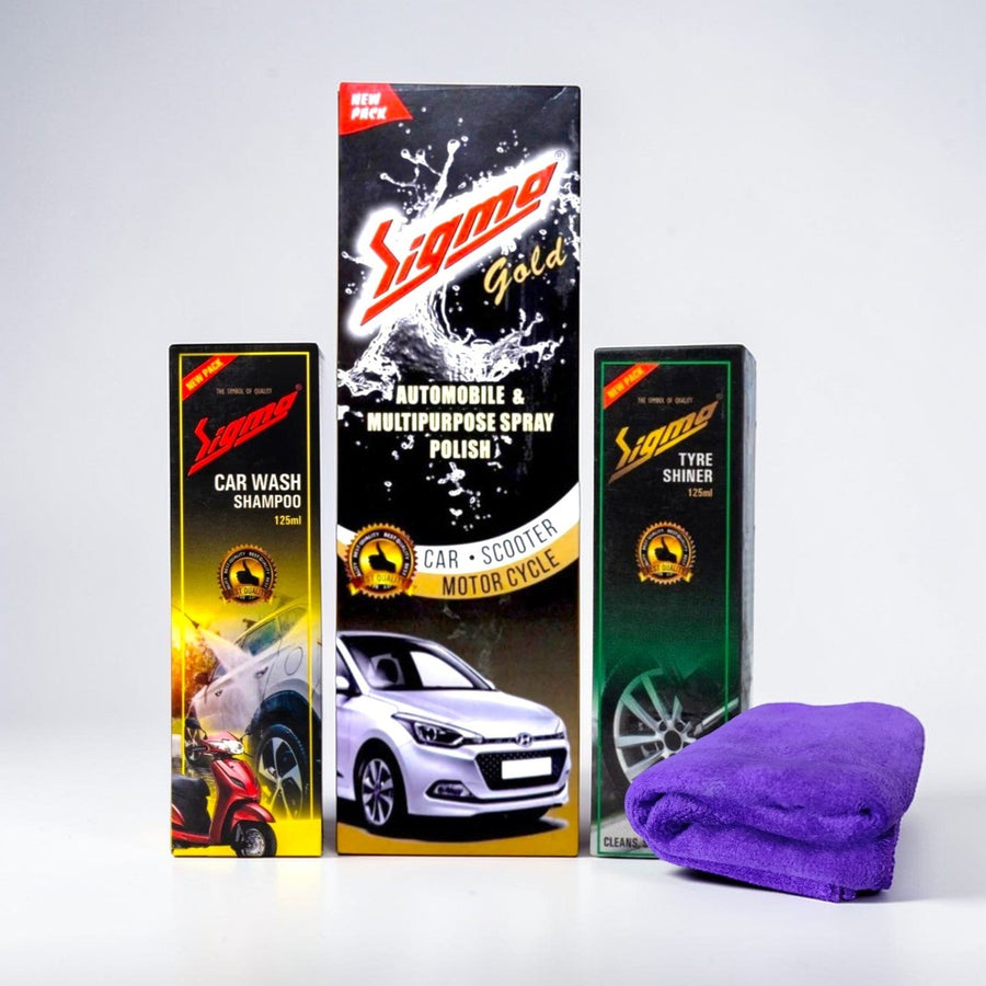 Sigma Gold Detailing Kit – Car & Bike Cleaning Kit with 500ml Polish, Tyre Shiner, Shampoo & Microfiber Cloth (Complete Vehicle Care Combo)