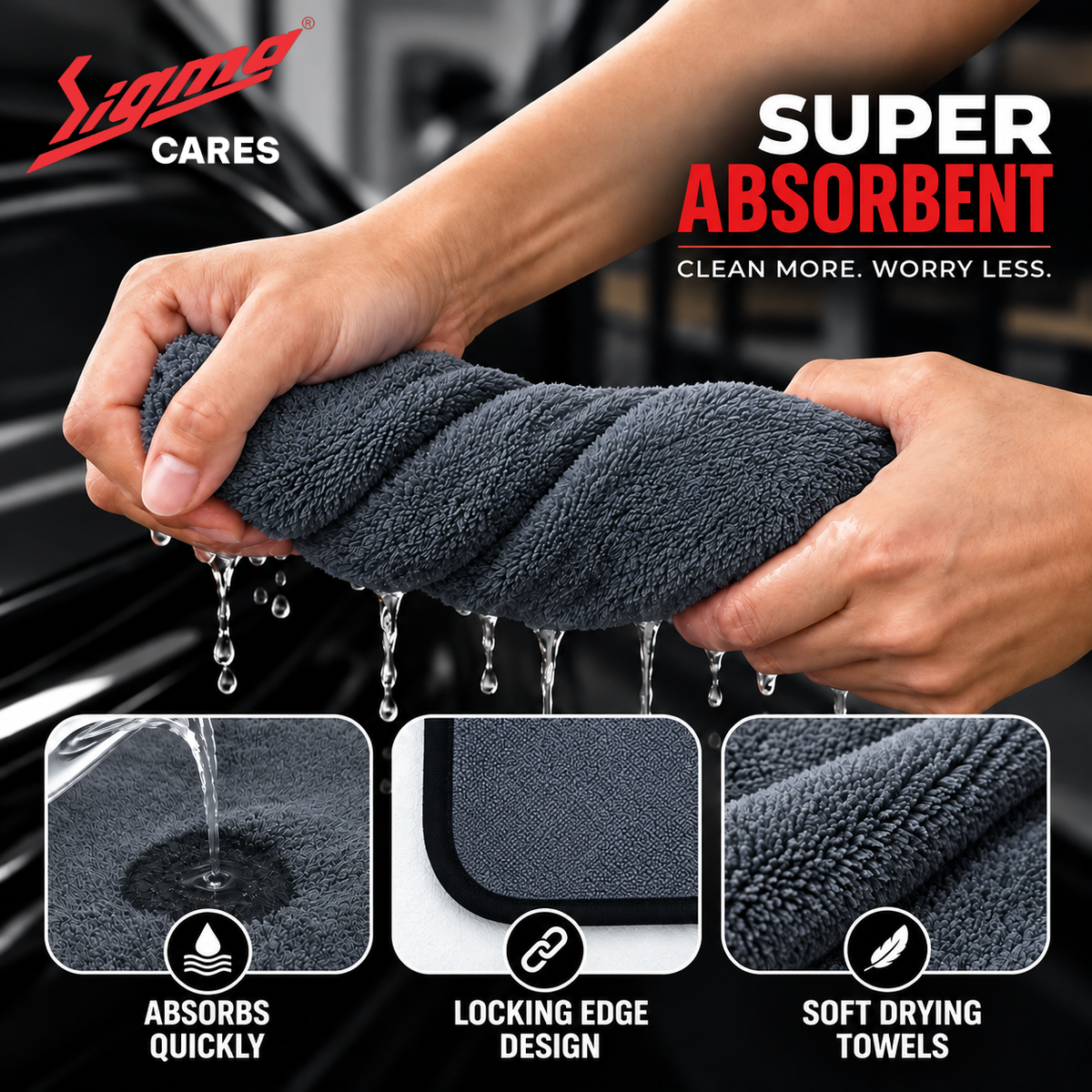 Sigma Cares Microfiber Car Cleaning Cloth - OG Soft 600 GSM Extra Large (60x40 CM) Microfiber Cloth for Car and Bike - Suede Edging for Scratchless Drying and Detailing (Pack of 2, Grey) Sigma Care