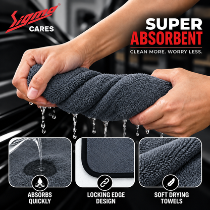 Sigma Cares Microfiber Car Cleaning Cloth - OG Soft 600 GSM Extra Large (60x40 CM) Microfiber Cloth for Car and Bike - Suede Edging for Scratchless Drying and Detailing (Pack of 2, Grey) Sigma Care