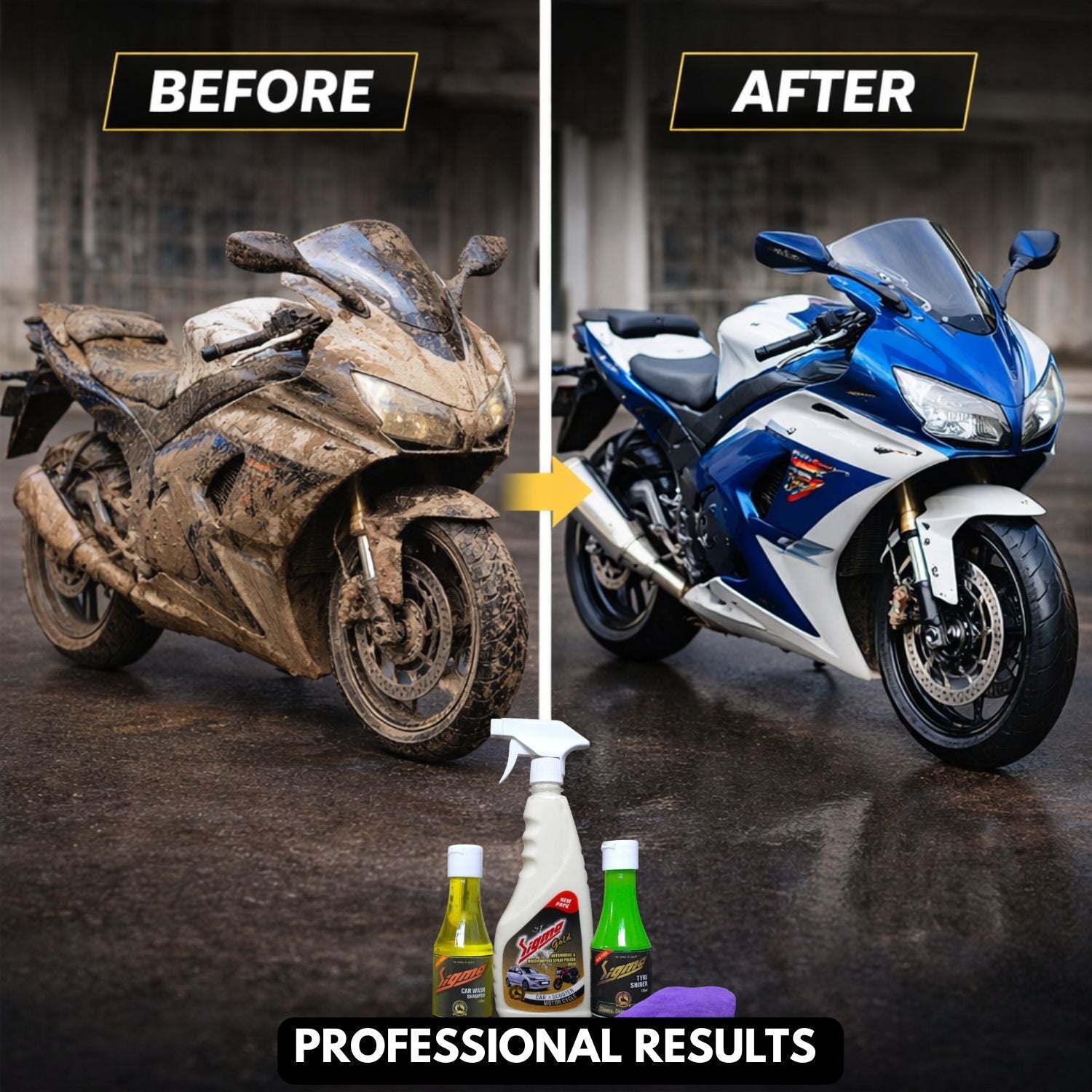 Sigma Gold Detailing Kit – Car & Bike Cleaning Kit with 500ml Polish, Tyre Shiner, Shampoo & Microfiber Cloth (Complete Vehicle Care Combo) Sigma Care