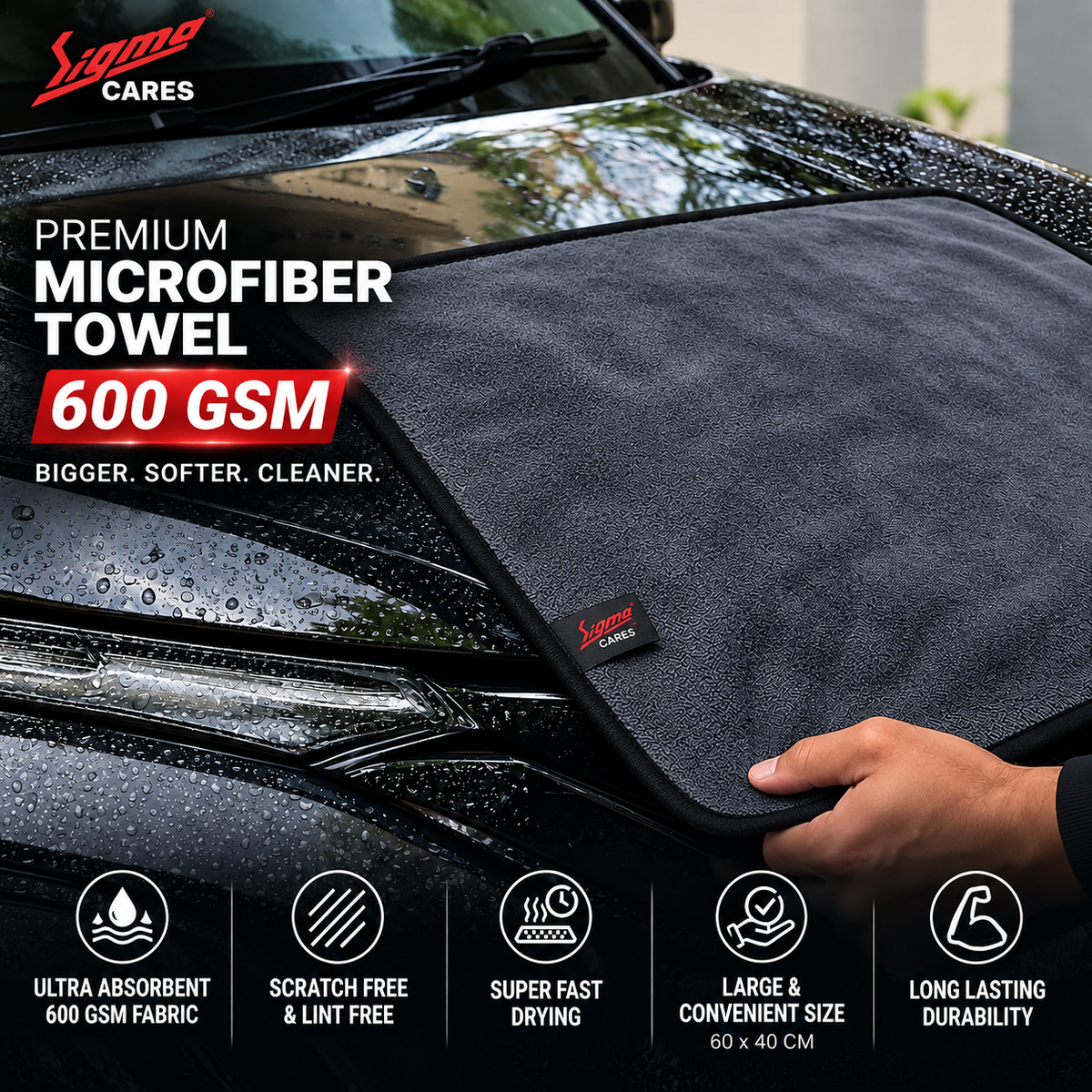 Sigma Cares Microfiber Car Cleaning Cloth - OG Soft 600 GSM Extra Large (60x40 CM) Microfiber Cloth for Car and Bike - Suede Edging for Scratchless Drying and Detailing (Pack of 2, Grey) Sigma Care
