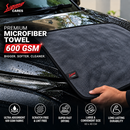 Sigma Cares Microfiber Car Cleaning Cloth - OG Soft 600 GSM Extra Large (60x40 CM) Microfiber Cloth for Car and Bike - Suede Edging for Scratchless Drying and Detailing (Pack of 2, Grey) Sigma Care