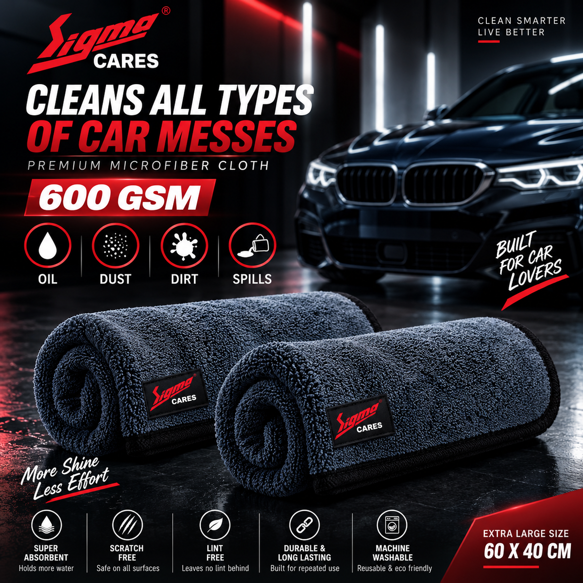 Sigma Cares Microfiber Car Cleaning Cloth - OG Soft 600 GSM Extra Large (60x40 CM) Microfiber Cloth for Car and Bike - Suede Edging for Scratchless Drying and Detailing (Pack of 2, Grey) Sigma Care
