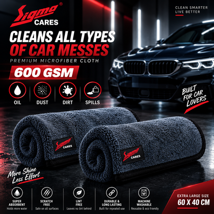 Sigma Cares Microfiber Car Cleaning Cloth - OG Soft 600 GSM Extra Large (60x40 CM) Microfiber Cloth for Car and Bike - Suede Edging for Scratchless Drying and Detailing (Pack of 2, Grey) Sigma Care