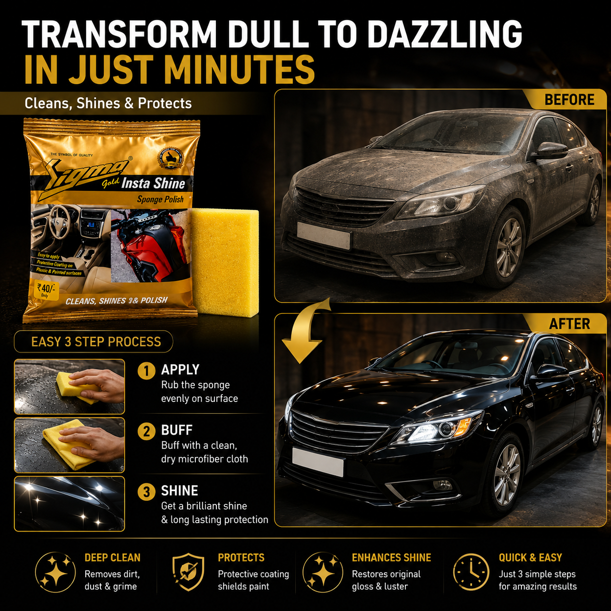 Insta Shine Gold Sponge Polish – Pack of 5 | Car, Bike & Home | Sigma Cares Sigma Care