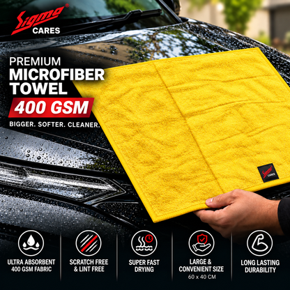 Sigma Cares 400 GSM Microfiber Car Cleaning Cloth – 60×40 CM Extra Large Soft Microfiber Towel with Suede Edging for Car & Bike Detailing – Pack of 2, Yellow Sigma Care