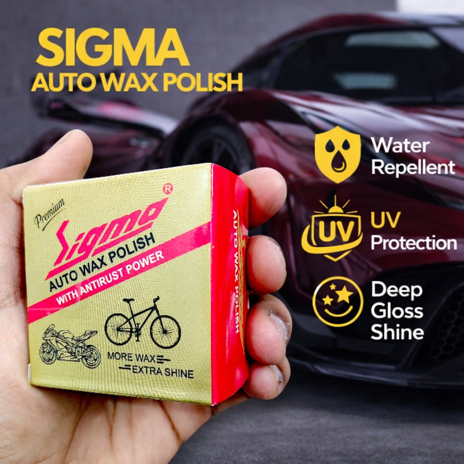 Sigma Cares Auto Wax Polish 15 gms – Premium Car & Bike Wax Polish for Long-Lasting Shine, Gloss & Paint Protection (Water Resistant, Carnauba Based) Sigma Care