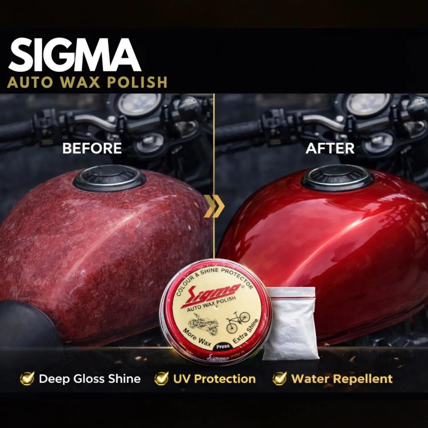 Sigma Cares Auto Wax Polish 15 gms – Premium Car & Bike Wax Polish for Long-Lasting Shine, Gloss & Paint Protection (Water Resistant, Carnauba Based) Sigma Care